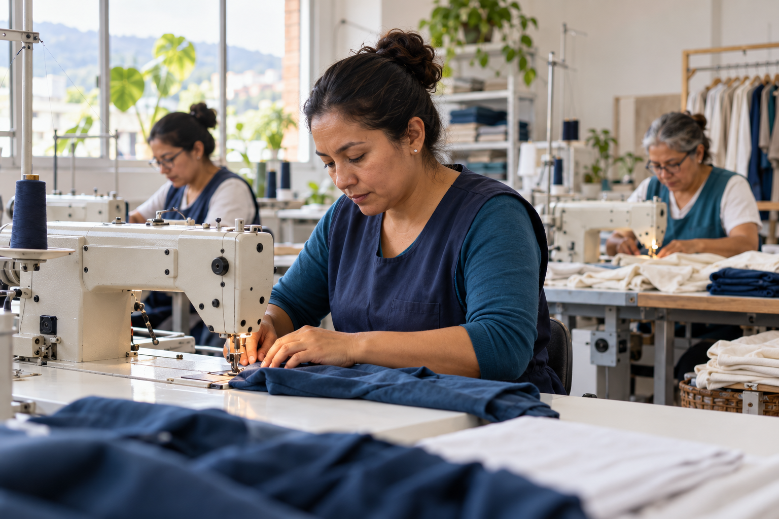 Imagen ilustrativa generada con IA: mujeres trabajando en máquinas de coser en un taller de confección